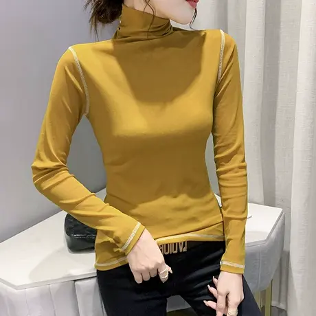 欧货高领打底衫女春秋纯色内搭洋气网纱长袖T恤小众修身显瘦上衣商品大图