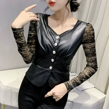 时尚V领PU皮T恤女装网纱拼皮上衣洋气紧身百搭打底衫女长袖春秋潮商品大图