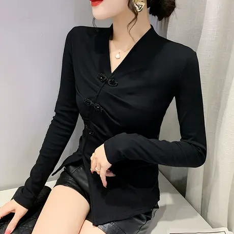 复古开叉打底衫春秋2024新款不规则性感T恤长袖气质V领设计感上衣商品大图