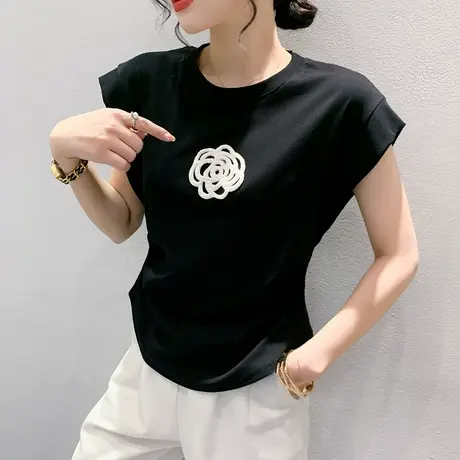 欧货设计感飞飞袖T恤女夏装2024新款时尚刺绣小衫显瘦无袖上衣ins图片