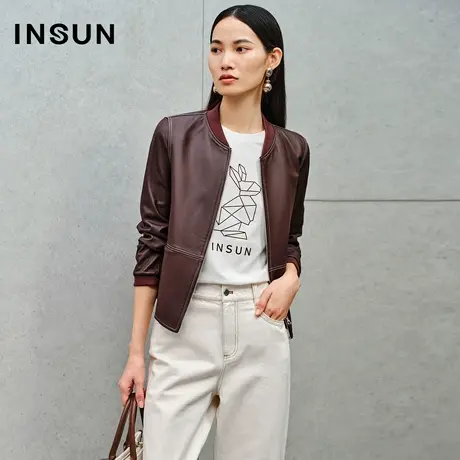 INSUN恩裳专选秋季棒球领短款真皮皮衣外套商品大图
