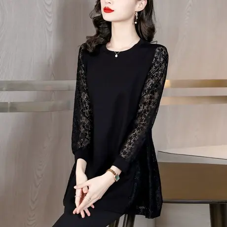 中长款t恤女秋装女2023年新款大码女装宽松显瘦蕾丝洋气减龄小衫商品大图