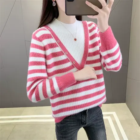 半高领假两件女毛衣针织水貂绒打底衫2023年新款洋气百搭秋冬内搭图片