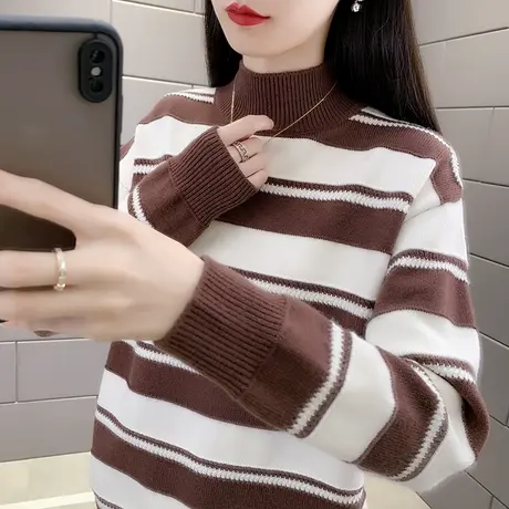 冬装2023新款爆款半高领加厚条纹宽松毛衣女外穿针织打底衫洋气女商品大图