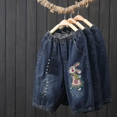 夏季2023新款五分牛仔裤女文艺复古贴布宽松显瘦哈伦裤百搭休闲裤图片