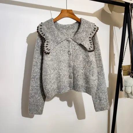 娃娃领针织开衫女2023秋冬新款韩版宽松慵懒休闲百搭长袖毛衣外套商品大图