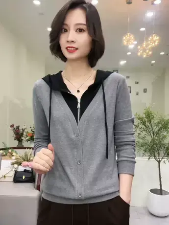 2023秋季新款假两件连帽拼接时尚纯色休闲加大码女装长袖运动女装商品大图