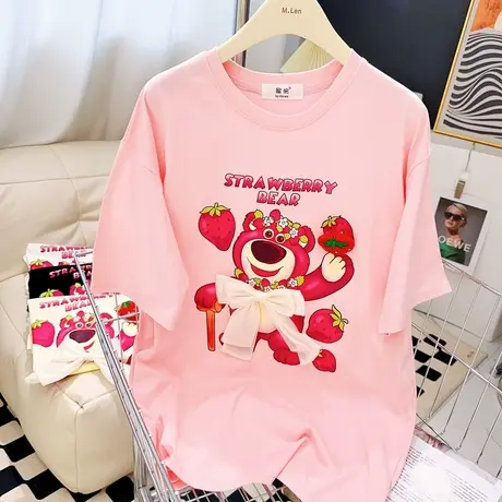 ins奶甜可爱蝴蝶结小熊短袖T恤夏季韩版减龄宽松遮肉纯棉上衣欧货商品大图