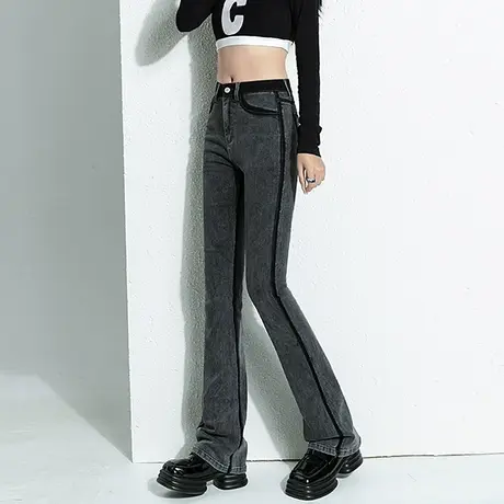 烟灰色微喇叭牛仔裤女冬2023年新款高腰设计感小众小众撞色马蹄裤商品大图