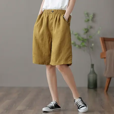 dza 高腰显瘦白色亚麻短裤女士夏季薄款宽松阔腿裤棉麻五分裤子女商品大图