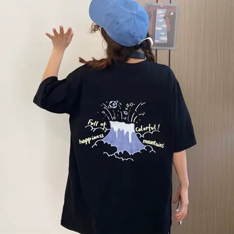 chic港味短袖t恤女大码洋气ins设计感小众宽松韩版bf慵懒风上衣服图片