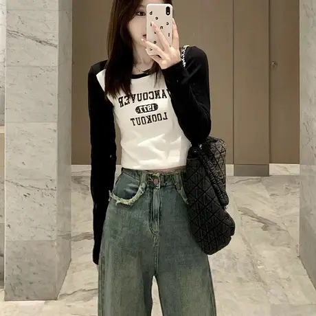 长袖t恤女装2024秋季新款设计感小众插肩打底衫内搭短款紧身上衣商品大图