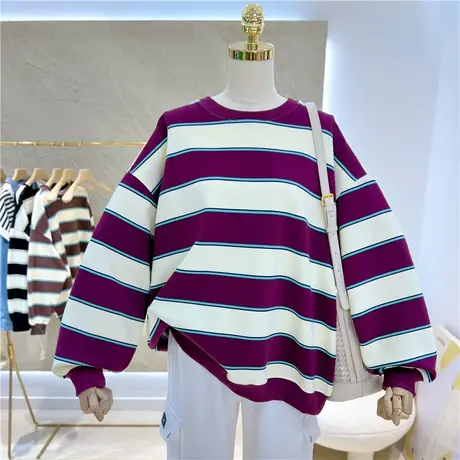 2023秋季百搭圆领宽松中长遮臀条纹韩版条纹圆领套头卫衣女单穿商品大图