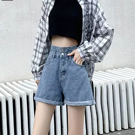 高腰牛仔短裤女秋宽松新款时尚网红潮ins超火薄款直筒显瘦阔腿商品大图