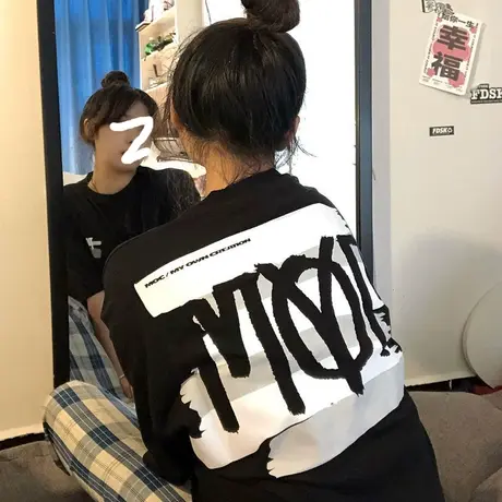 港风黑色短袖t恤女欧美高街hiphop网红宽松大码bf胖mm炸街上衣夏商品大图