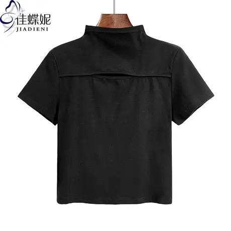 早秋新款半高领修身纯欲纯棉短款辣妹镂空性感短袖体恤上衣女打底商品大图