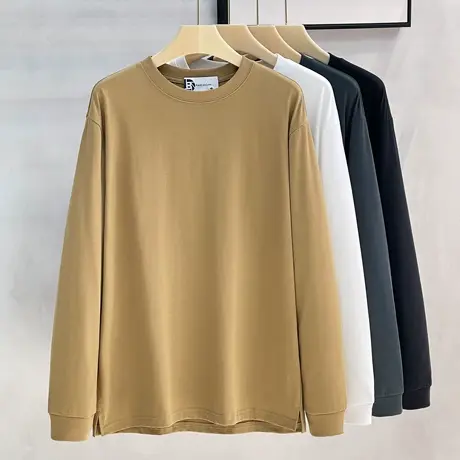 重磅纯棉t恤男长袖春秋美式休闲宽松圆领卫衣纯色白色打底衫男装商品大图