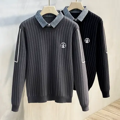 秋冬季衬衫领毛衣男长袖假两件韩版商务休闲男高端条纹刺绣针织衫商品大图