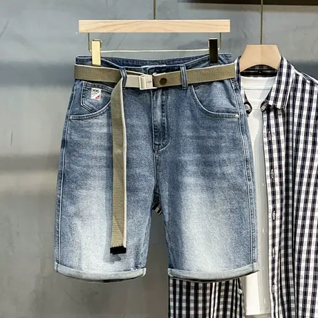 送皮带男士工装休闲牛仔短裤男潮流宽松五分裤子ins浅色中裤夏季图片