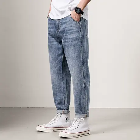 宽松直筒牛仔裤男士水洗休闲裤子百搭韩版破洞直筒裤做旧牛仔裤商品大图