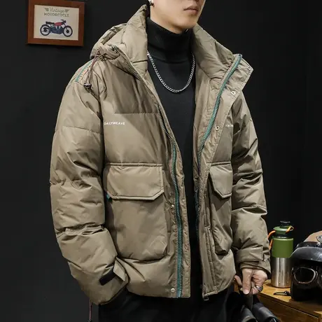 白鸭绒羽绒服男冬季连帽2023新款潮牌大码男士工装外套带轻薄保暖图片