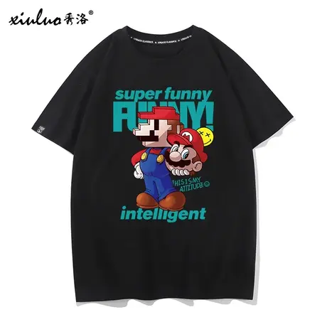 秀洛ps5童年游戏超级玛丽短袖t恤男女纯棉百搭黑色情侣体恤打底衫商品大图