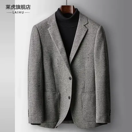 灰色格子西服男士春秋上衣修身时尚商务高端休闲中年小西装外套潮商品大图