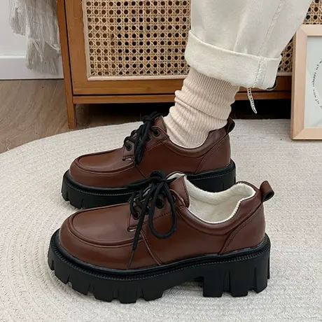 小皮鞋女英伦风2023新款秋季学生日系圆头复古厚底增高配裙子单鞋图片