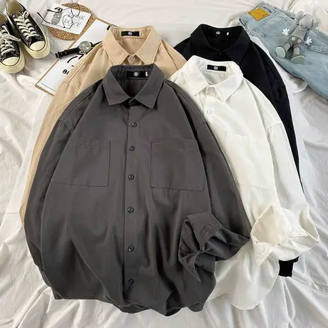 高级感衬衫男港风日系潮牌胖子加肥大码宽松休闲口袋长袖衬衣春秋商品大图