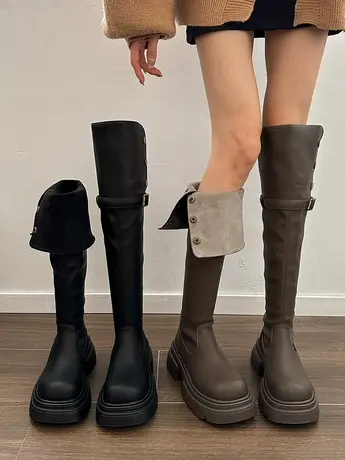 两穿厚底长筒靴女2023秋冬新款百搭粗跟加绒粗腿围长靴骑士过膝靴图片