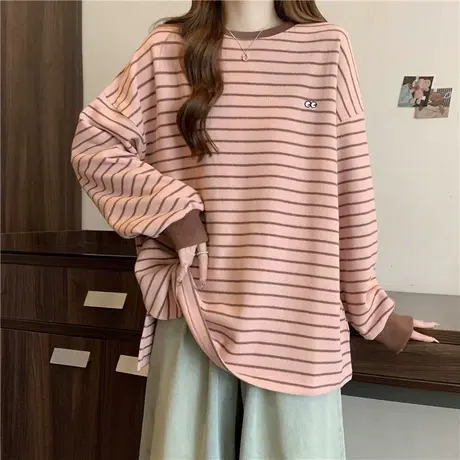 oversize条纹刺绣圆领卫衣女秋冬德绒加厚保暖宽松开叉下摆上衣服商品大图