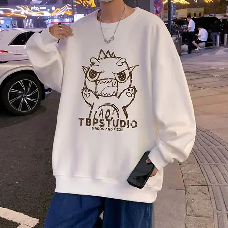 美式卡通印花重磅加绒卫衣男女春秋季潮牌圆领宽松港风chic上衣服商品大图