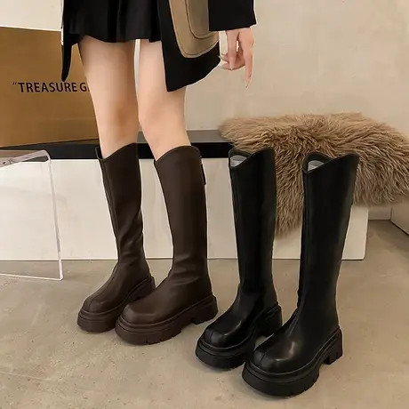长筒靴女2023年秋冬新款复古百搭v口不过膝靴潮流厚底保暖骑士靴商品大图