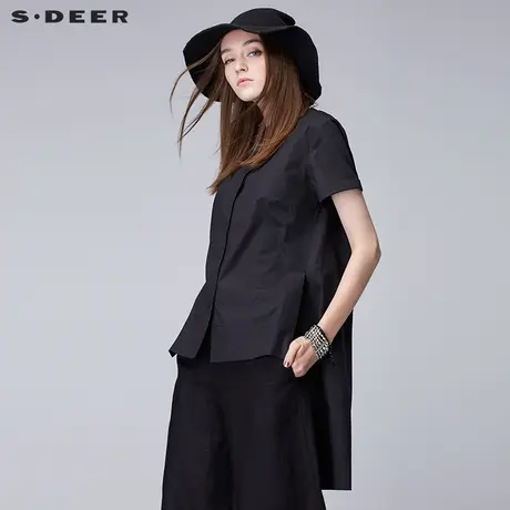 sdeer圣迪奥2019夏装先锋酷黑短袖前短后长帅气黑色衬衫S17280467图片