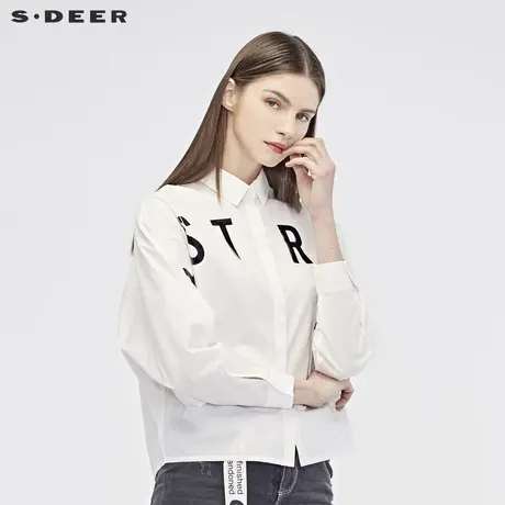 sdeer圣迪奥女2019秋简约翻领暗门襟撞色字母蝙蝠袖衬衫S19180523图片