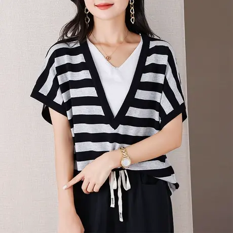 伊自尚2023年夏季新款女装大码微胖妹妹拼接假两件条纹V领针织衫商品大图