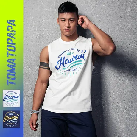 TOMATOPAPA欧美原创学院风运动坎肩背心男度假夏威夷印花背心商品大图