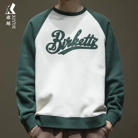 希越美式插肩袖拼接卫衣男春季重磅加绒加厚宽松大码男士圆领外套图片