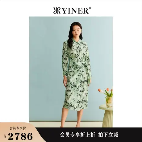 【柔润真丝】YINER音儿女装2023秋季衬衫领收褶连衣裙图片