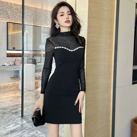 圆点高领超好看漂亮性感连衣裙女纯欲轻奢小个子高腰黑色包臀短裙图片