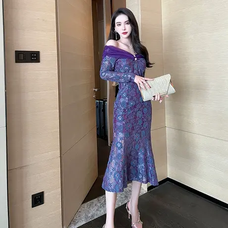 高级复古一字肩连衣裙女日常生日礼裙轻奢法式礼服蕾丝拼接鱼尾裙商品大图