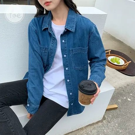 yoe牛仔衬衫女春装深蓝色ins上衣女设计感小众复古百搭别致长袖潮商品大图
