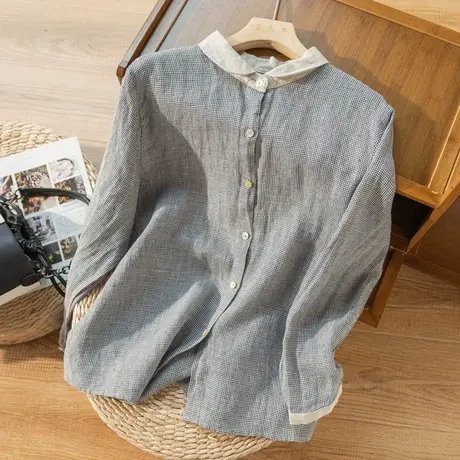 格子亚麻衬衫女文艺复古棉麻上衣女小众设计宽松百搭春秋2022新款商品大图