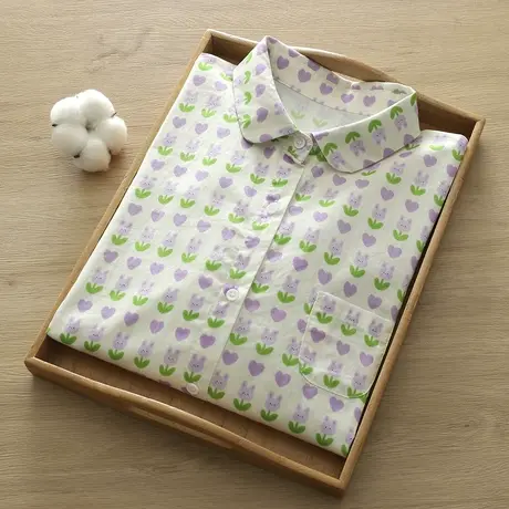 春秋季文艺小清新减龄印花哇哇领宽松纯棉长袖衬衫女学生上衣外套商品大图