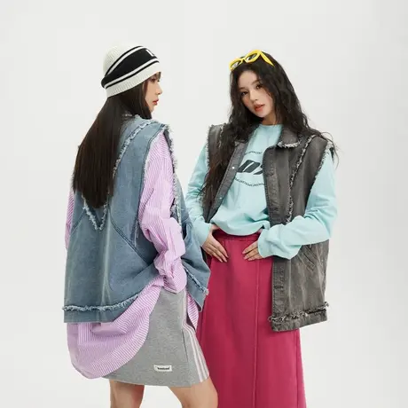 做旧复古毛边牛仔外套女春秋新款情侣外穿马甲宽松设计感夹克上衣商品大图