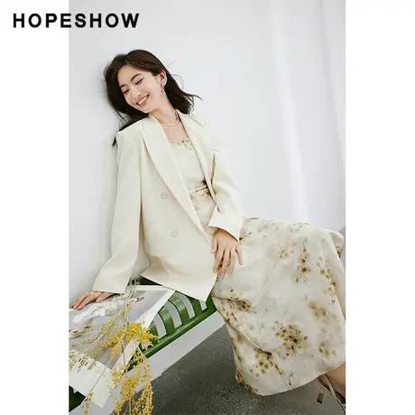 红袖米色简约双排扣西装外套hopeshow2024春季新款枪驳领垫肩西服图片