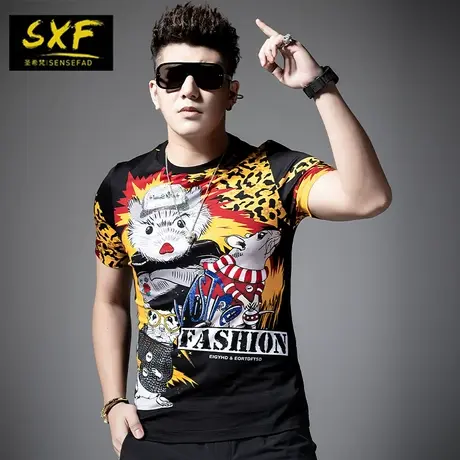 SXF圣希梵圆领短袖男 2020新款夏季上衣卡通印花潮流休闲男士T恤商品大图