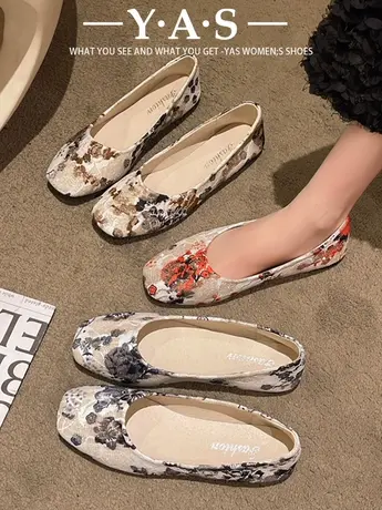 平底单鞋女2024年春季新款浅口方头民族风四季鞋软底一脚蹬豆豆鞋商品大图