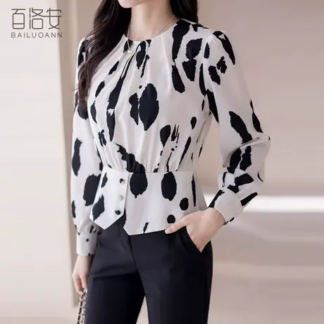 百洛安气质优雅收腰衬衫女2024春季新款洋气印花圆领长袖衬衣上衣图片
