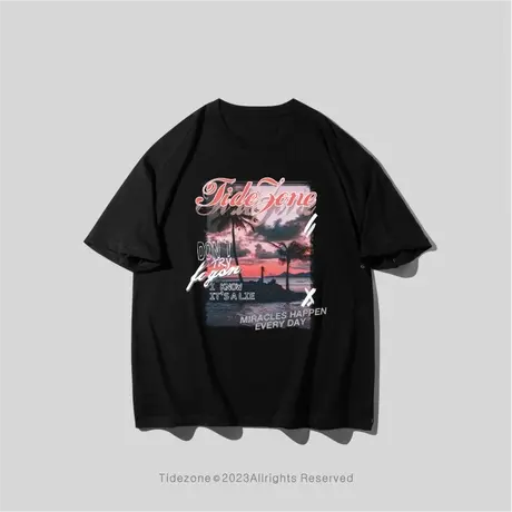 Ohlyah潮牌美式复古海报夕阳风景短袖T恤男女夏季宽松情侣款体恤商品大图